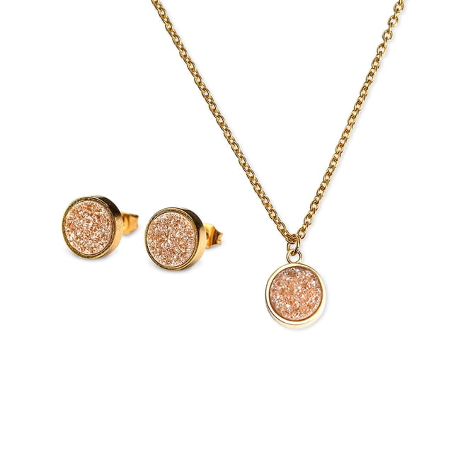 Juego de Joyería para Mujer con Piedra Drusa de Cuarzo LuckyLy, Aretes y Collar de Acero Inoxidable, Modelo Anya dorado UNITALLA