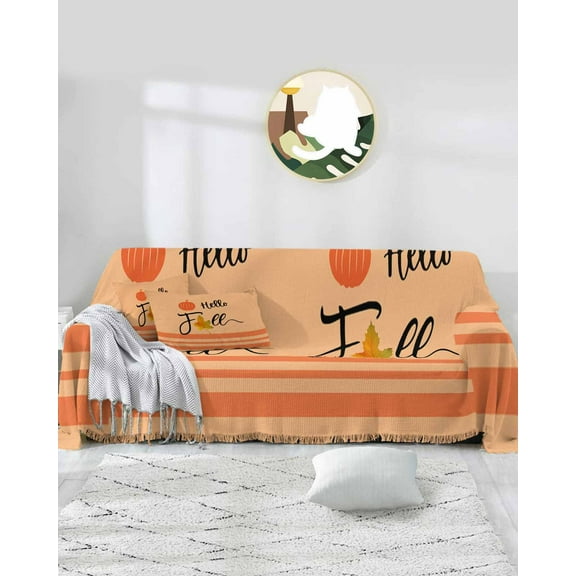 Stripes Fall Leaves Sofa Covers for 3 Cushion,Washable Couch Cover for Sectional Sofa Slipcovers with Tassel,Orange Thanksgiving Pumpkin Watercolor Loveseat Covers Futon Cover Throw Blanket 71x118