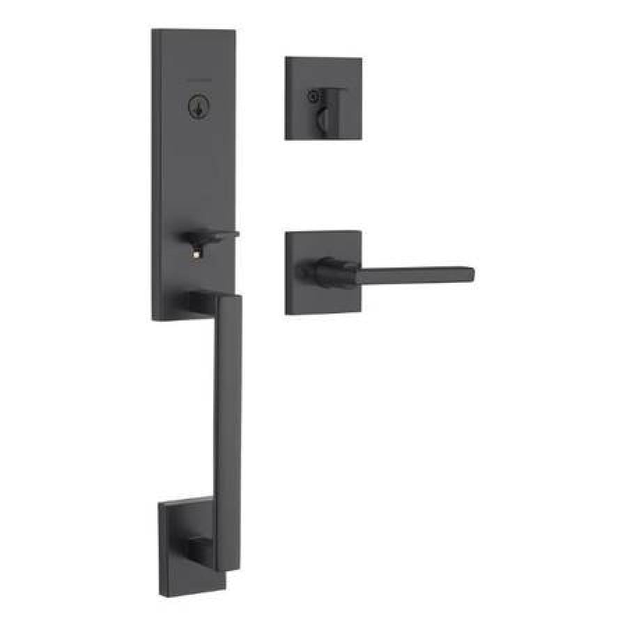 Photo 1 of ***PARTS ONLY*** Kwikset Vancouver Low Profile Front Lock Handleset with Microban Including Slim Modern Halifax Door Lever Handle Featuring SmartKey Security, Iron Black 98180-015

