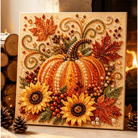 Autumn Pearl Painting Kit DIY Harvest Bead Picture Kit Seasonal Living Room Decor Time‑Saving Handcraft Project for Family Autumn Activity (Pumpkin)