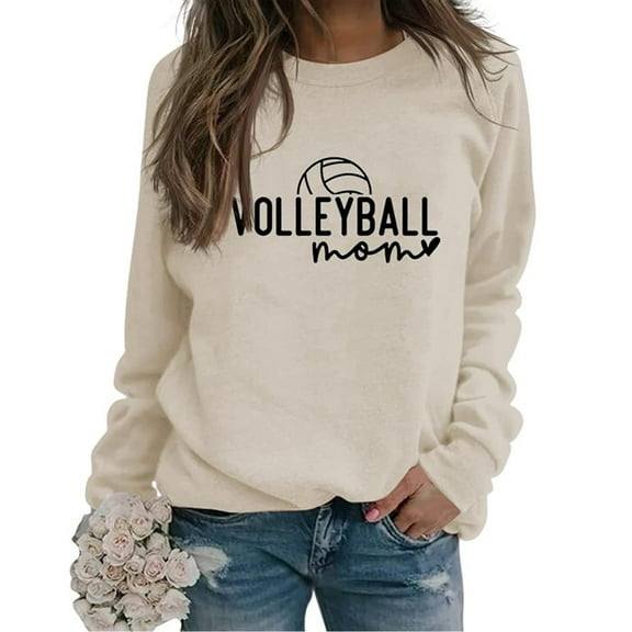 Tiweut Casual Sweatshirts for Womens Volleyball Graphic Long Sleeve Crewneck Loose Fit Pullover Blouses Beige,L