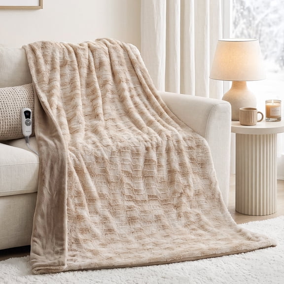 MARNUR Heated Blanket Electric Throw Extra Large Size 50"x72", Soft Faux Fur Heated Throw with 6 Heating Levels 4 Hours Timer Machine Washable, Khaki