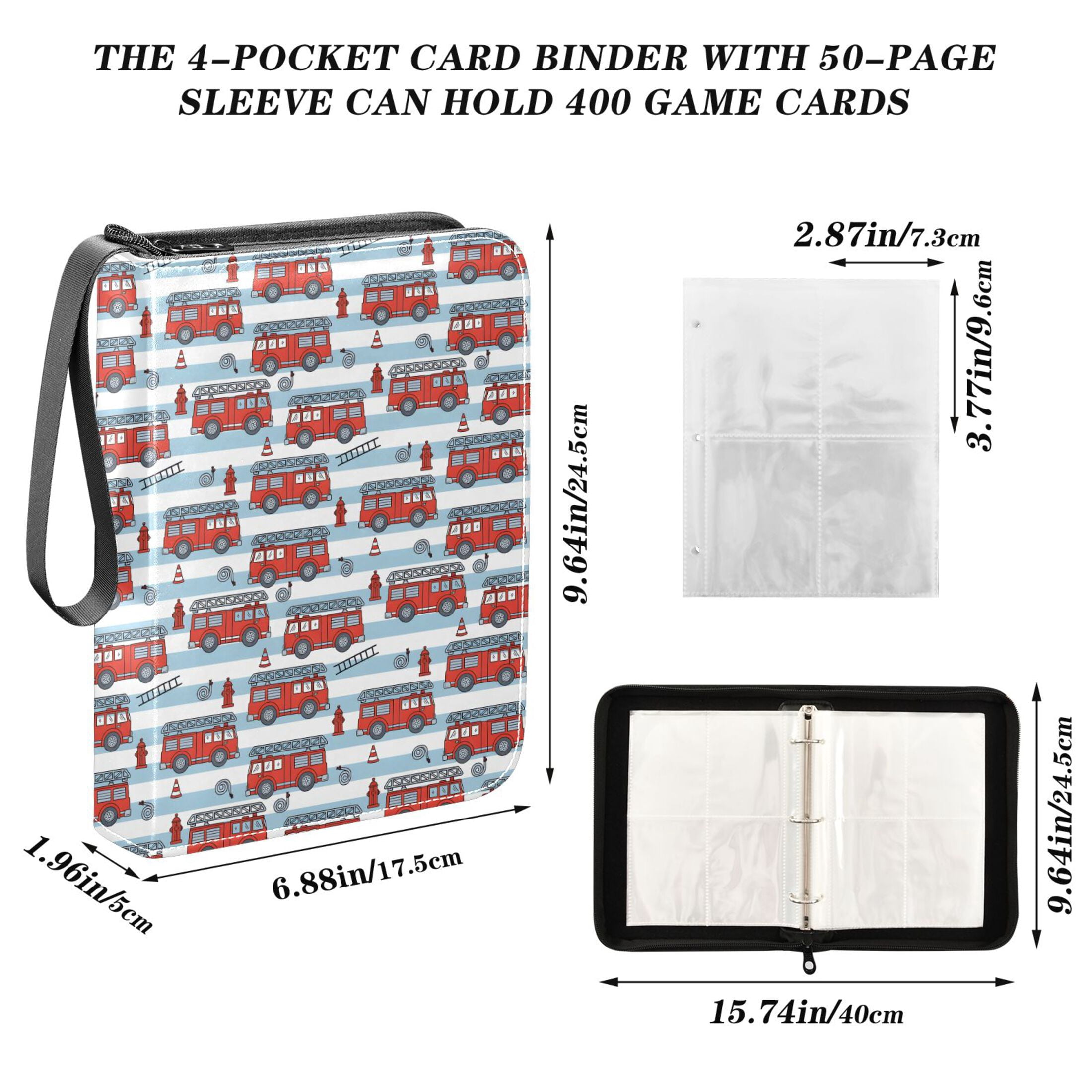 ALAZA Cartoon Fire Truck Trading Card Binder 4 Pocket Cards Collection Album 400 Folder Holder