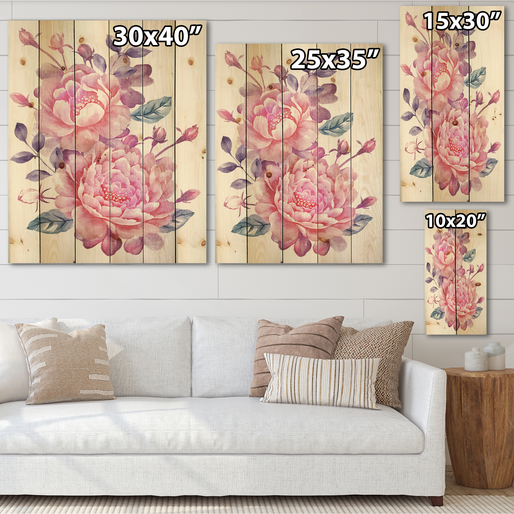 Designart 'Pink Retro Flowers With Blue Leaves On White' Traditional Print on Natural Pine Wood