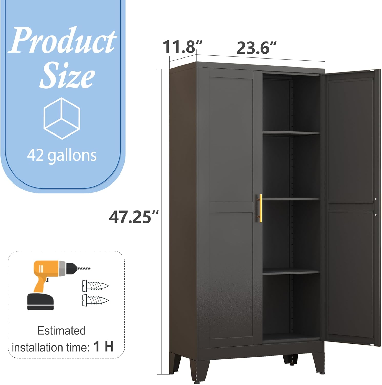Black Metal Storage Cabinet, 48" Steel Cabinets for Home Office, Kitchen Pantry Storage Cabinet with Doors and 3 Adjustable Shelves, for Office, Home, Garage, School