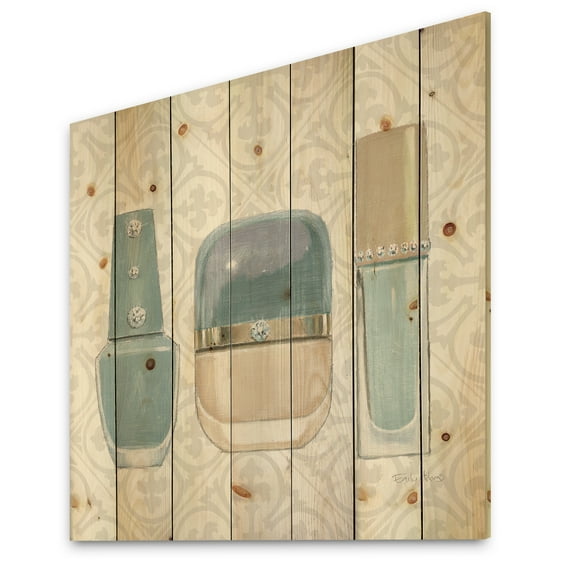 Designart 'Fashion Cosmetics Blue Accessories I' Posh & Luxe Print on Natural Pine Wood