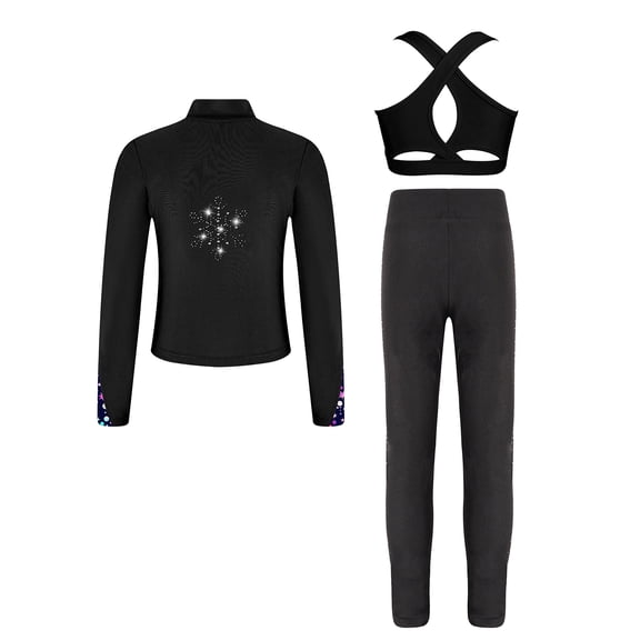 Raenseen Kids Girls Ice Skating Suit Long Sleeve Jacket with Tank Top Pant Training Clothes Set Black 6