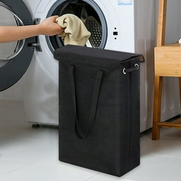Tall Thin Laundry Hamper with Lid & Handles - 45L Capacity, Gray/White Narrow Dirty Clothes Basket for Bathroom, Bedroom & Dorm - 23.6x15.3x7.5in, Space-Saving Design with Removable Lining