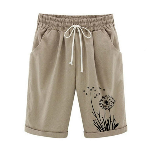 Pantalones Elásticos de la Cintura para las Mujeres Impresos Medias Pantalones Cortos, Bolsillos Casuales Poliéster para Toda la Temporada