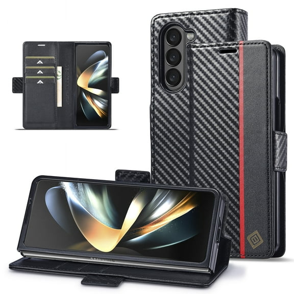 SaniMore Wallet Case for Samsung Galaxy Z Fold 5 7.6" 2023, Carbon Fiber Skin PU Leather Flip Filio Kickstand Card Slots Cash Pocket Full Body Protetcion Shockproof Anti-drop Case, Vertical Line