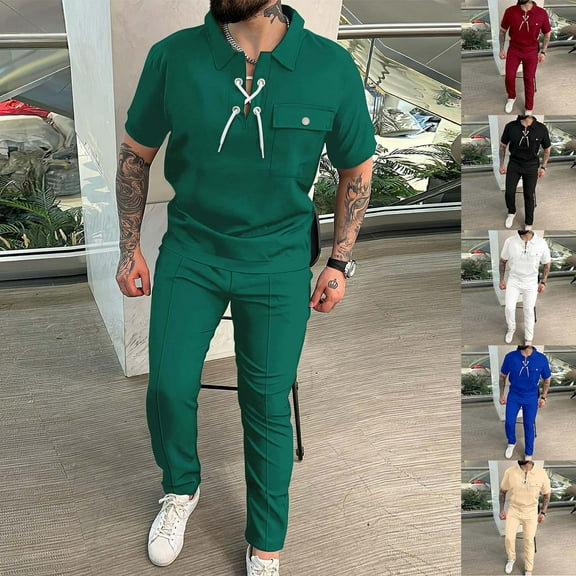 cllios Mens 2 Piece Sets Casual Short Sleeve Drawstring Shirts and Jogger Pants 2pc Outfits Classic Solid Turndown Sportwear Suits