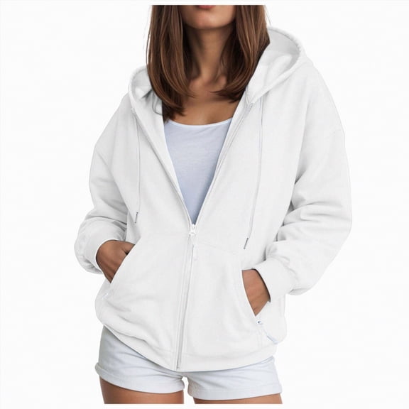 enyan Women's 2025 Zip Up Hoodies Casual Long Sleeve Sweatshirts Fall Spring Track Jackets with Pockets Womens Hoodies White,XXL