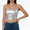 thumbnail image 2 of XIAONU Women's Tube Top Crop Top Ruched Slim-Fit Strapless Blouse Night Out Shiny Party-Wear Stretch Top, 2 of 4