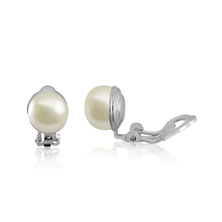 - Rhodium Plated Sterling Silver 8mm White Cultured Freshwater Pearl Clip On Earrings