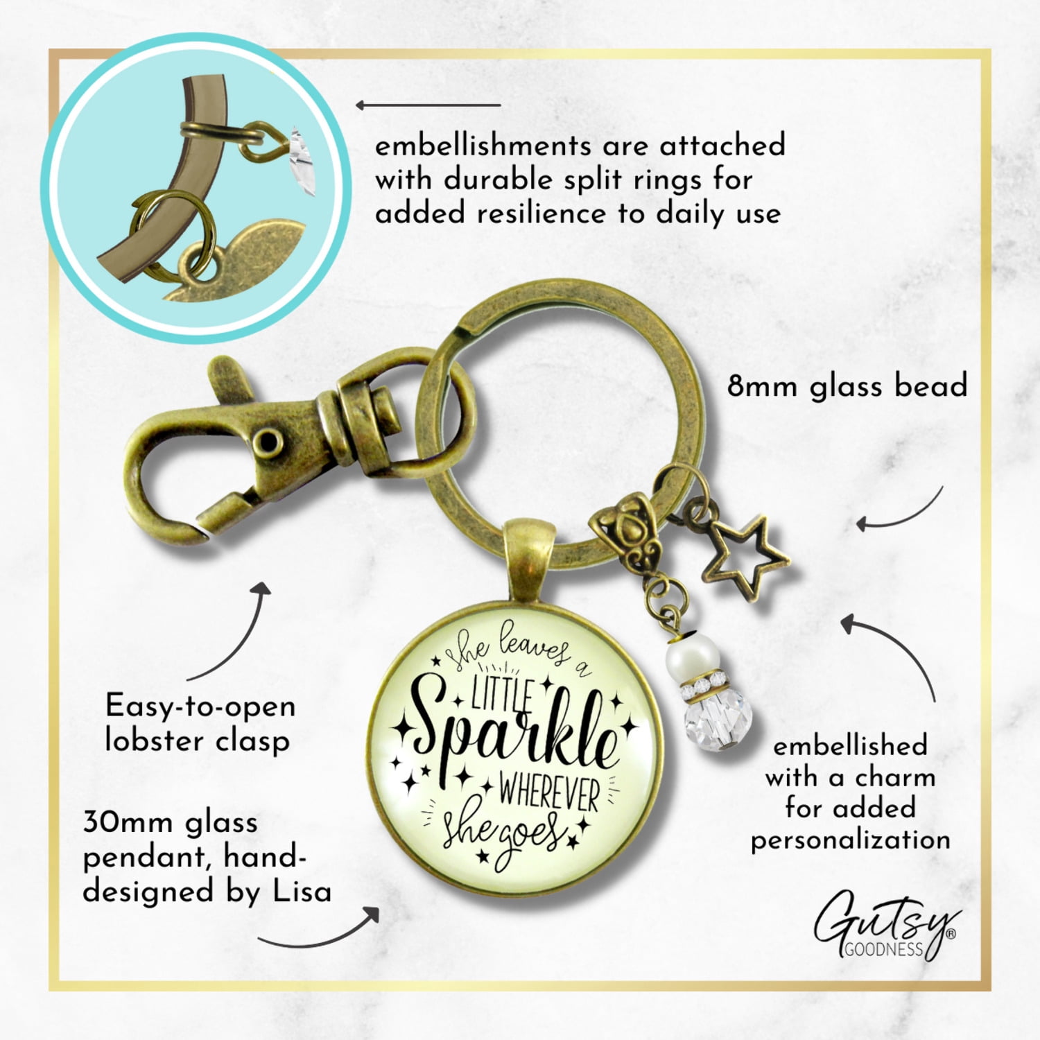 She Leaves Little Sparkle Gutsy Goodness Keychain Bronze Metal Female Adult Jewelry