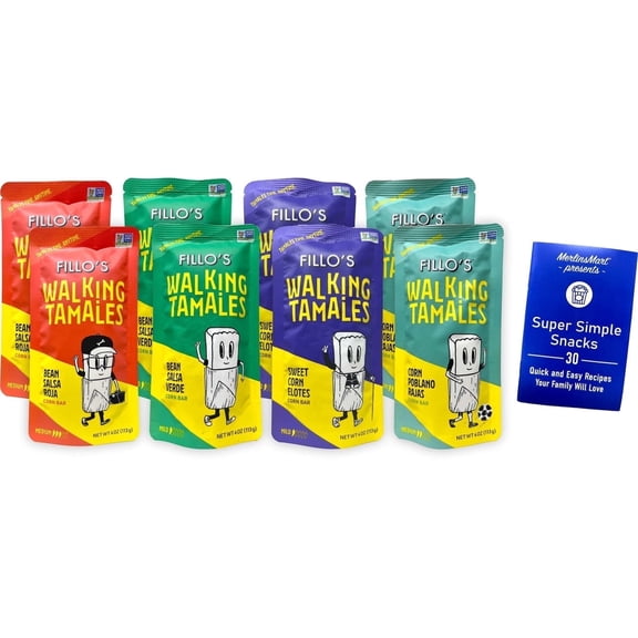 Fillo's Walking Tamales Corn Bar Snack 4 Flavor Variety (2) each: Bean Salsa Roja, Bean Salsa Verde, Sweet Corn Elotes, Corn Poblano Rajas (4 Ounces)   MerlinsMart Zine