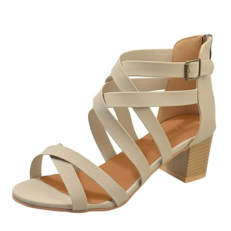 

Juebong Mid Chunky Heel Sandals for Women Cross Strap Ankle Strap Buckle Open Toe Hollow Out Stacked Heeled Dress Sandals Casual Summer Ladies Wedding Party Pumps Dress Shoes