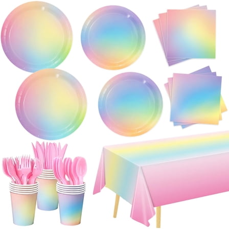 169 PCS Rainbow Party Decorations Disposable Paper Plates, Napkins, Cups, Cutlery, Tablecloth Pastel Rainbow Birthday Decorations for Girls, Baby Shower, Serves 24