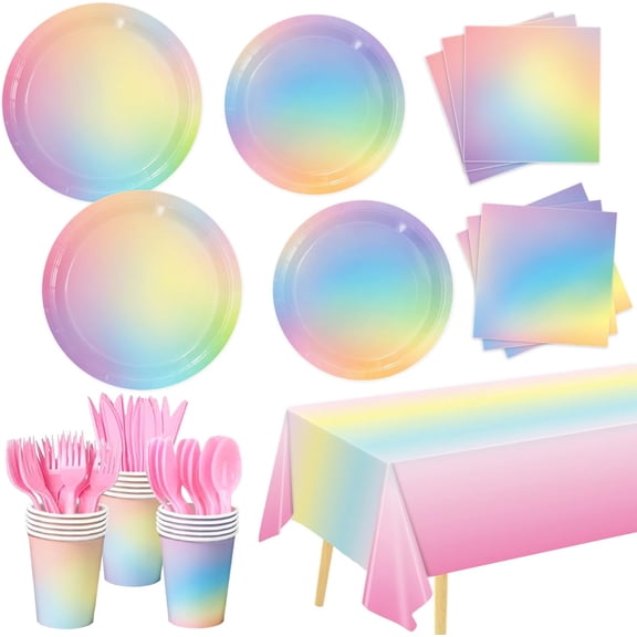169 PCS Rainbow Party Decorations Disposable Paper Plates, Napkins, Cups, Cutlery, Tablecloth Pastel Rainbow Birthday Decorations for Girls, Baby Shower, Serves 24