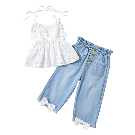 

Jkerther Toddler Girls Summer 2PCS Outfit Sets White Sleeveless V Neck Hollow Camisole + Blue Denim Pants