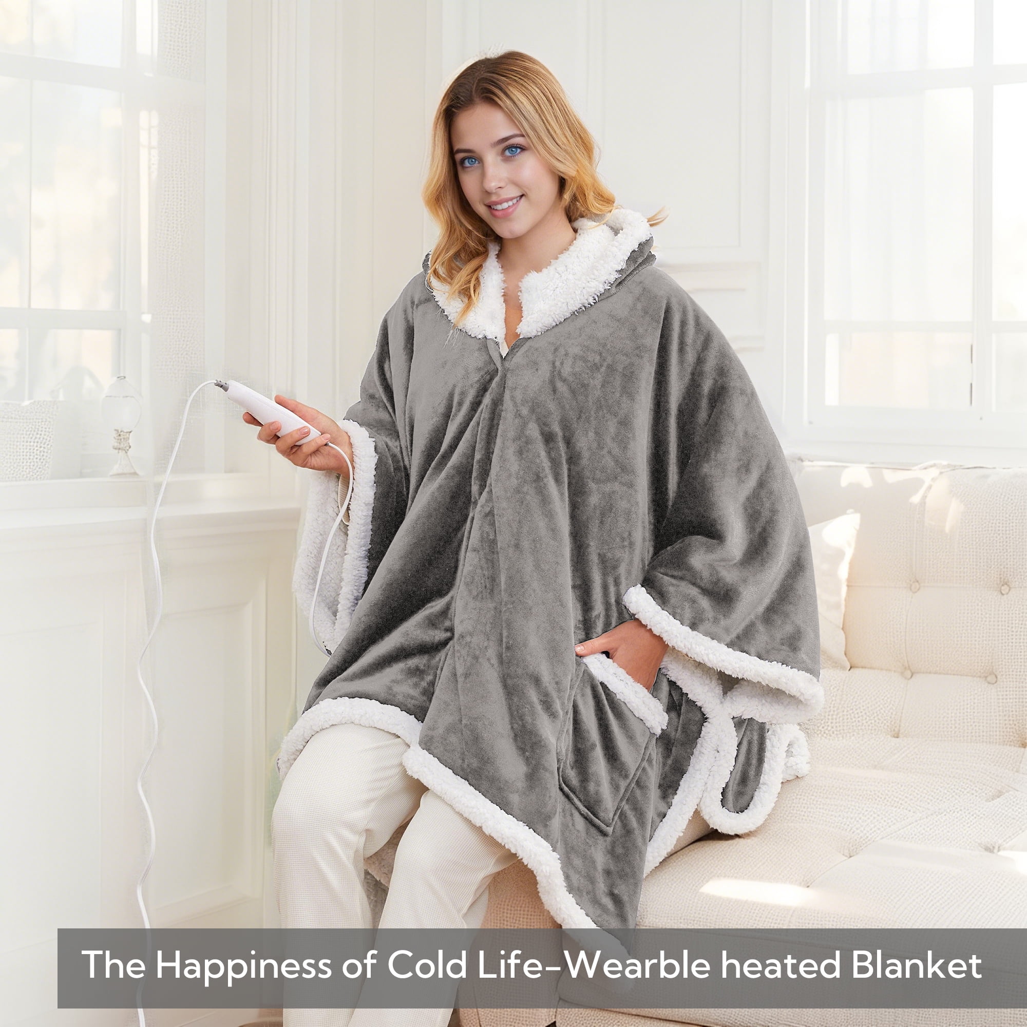 SUNNY HEAT Heated Electric Wearable Throw Blanket with Hood Pockets, 56"x63", Soft Flannel & Sherpa, 3H Auto Shut Off, Machine Washable, Light grey
