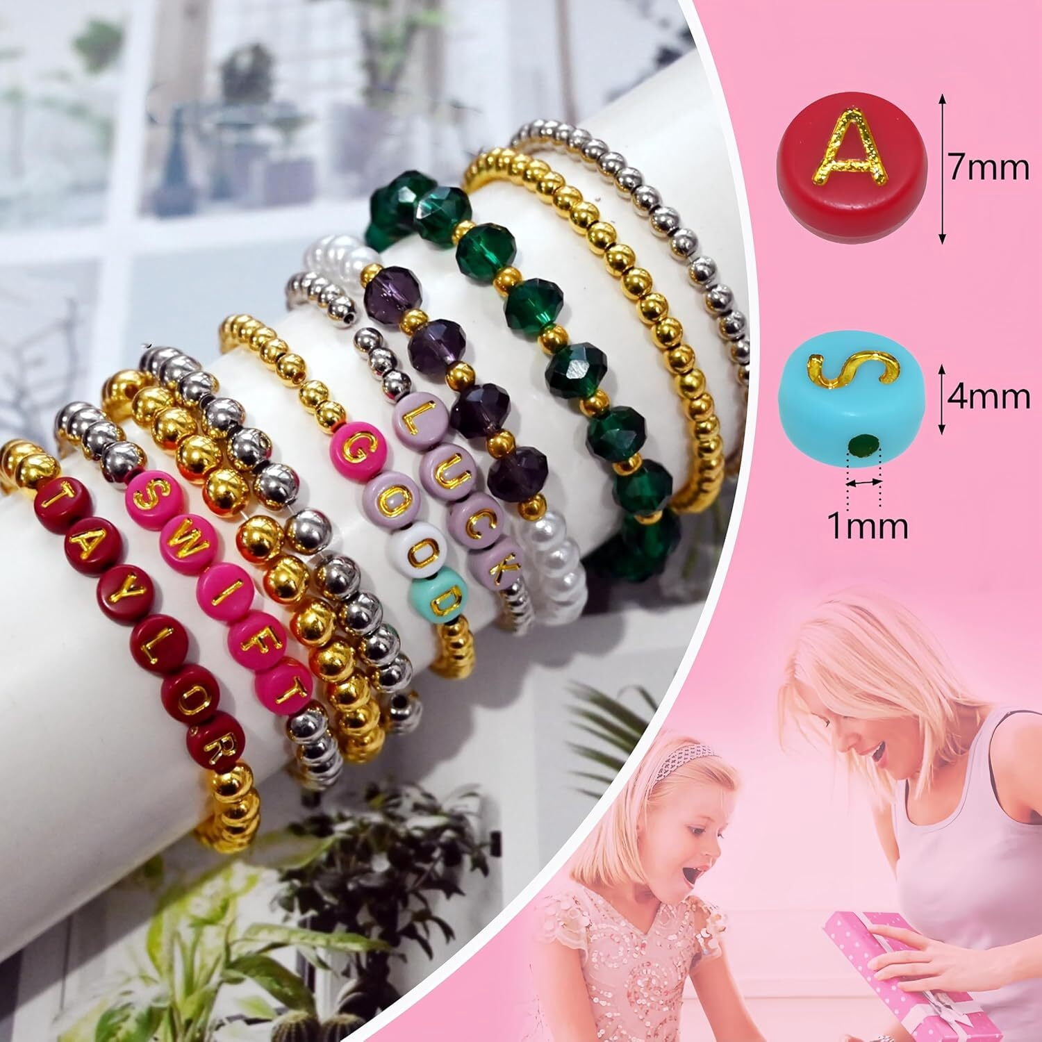 1400 Pieces Round Alphabet Letter Beads A-Z 4x7mm Black Acrylic with Colorful Letter and Crystal Line for Jewelry Making, Style 8