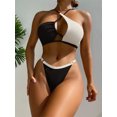 thumbnail image 4 of Bikini de cintura alta para mujer, bañador Sexy con Push-Up, ropa de baño recortada con aros, color negro, blanco y rosa, traje de baño de cintura alta, 4 of 5