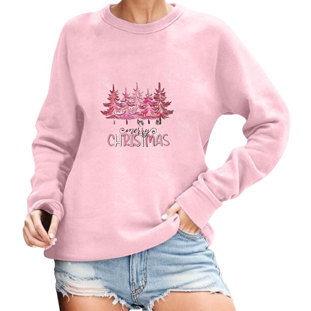 Gibobby Sudadera de Navidad para mujer Sudadera con capucha para mujer, sudaderas navideñas, estampado gráfico divertido, cuello redondo, manga larga(Rosa,M)