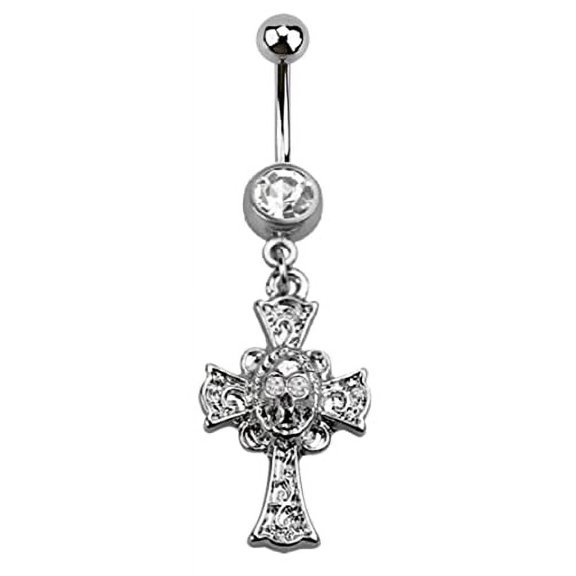 Body Accentz Belly Button Ring Cross Skull gem Eyes Navel Ring 316L Surgical Steel 14g