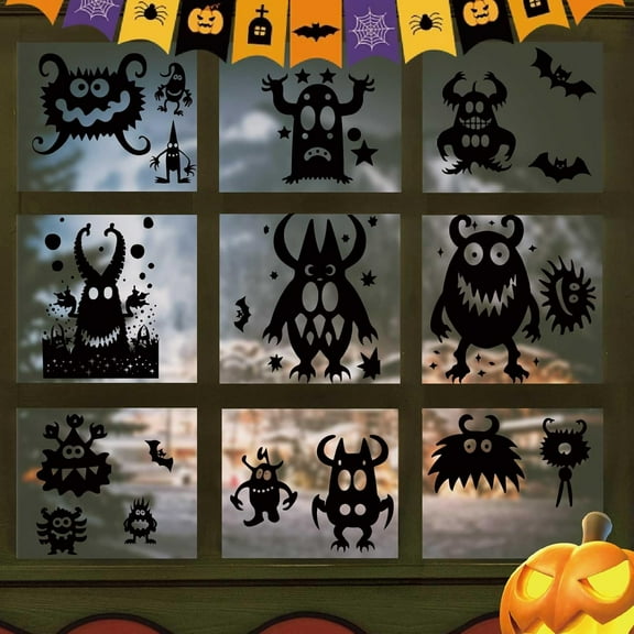 8 Sheets Halloween Window Stickers Black Monster Ghost Window Clings Peel and Stick PVC Waterproof Self Adhesive Wall Decals Stickers DIY