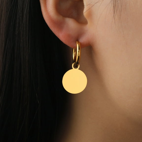 Round Pendant Drop Earrings Women 14K Yellow Gold Hoop Earrings Minimalist Fashion Jewelry Gift for Friends