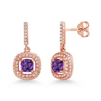 Gem Stone King 18K Rose Gold Plated Silver Dangle Earrings Cushion Amethyst and Moissanite (1.63 Cttw)