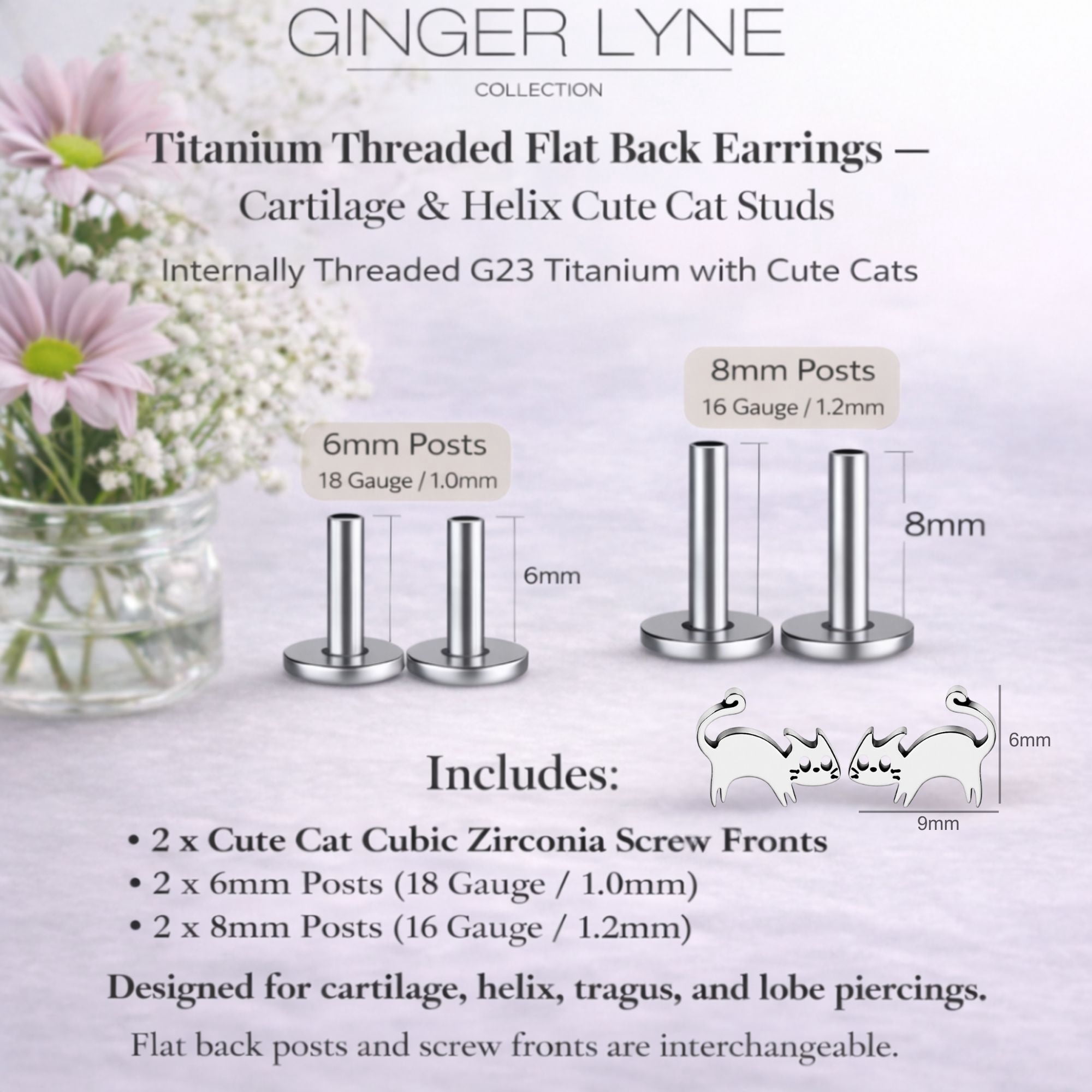 Kitty Cat Titanium Flat Back Stud Earrings Stud Titanium Body Piercings by Ginger Lyne 2 Sets Post 6mm 8mm