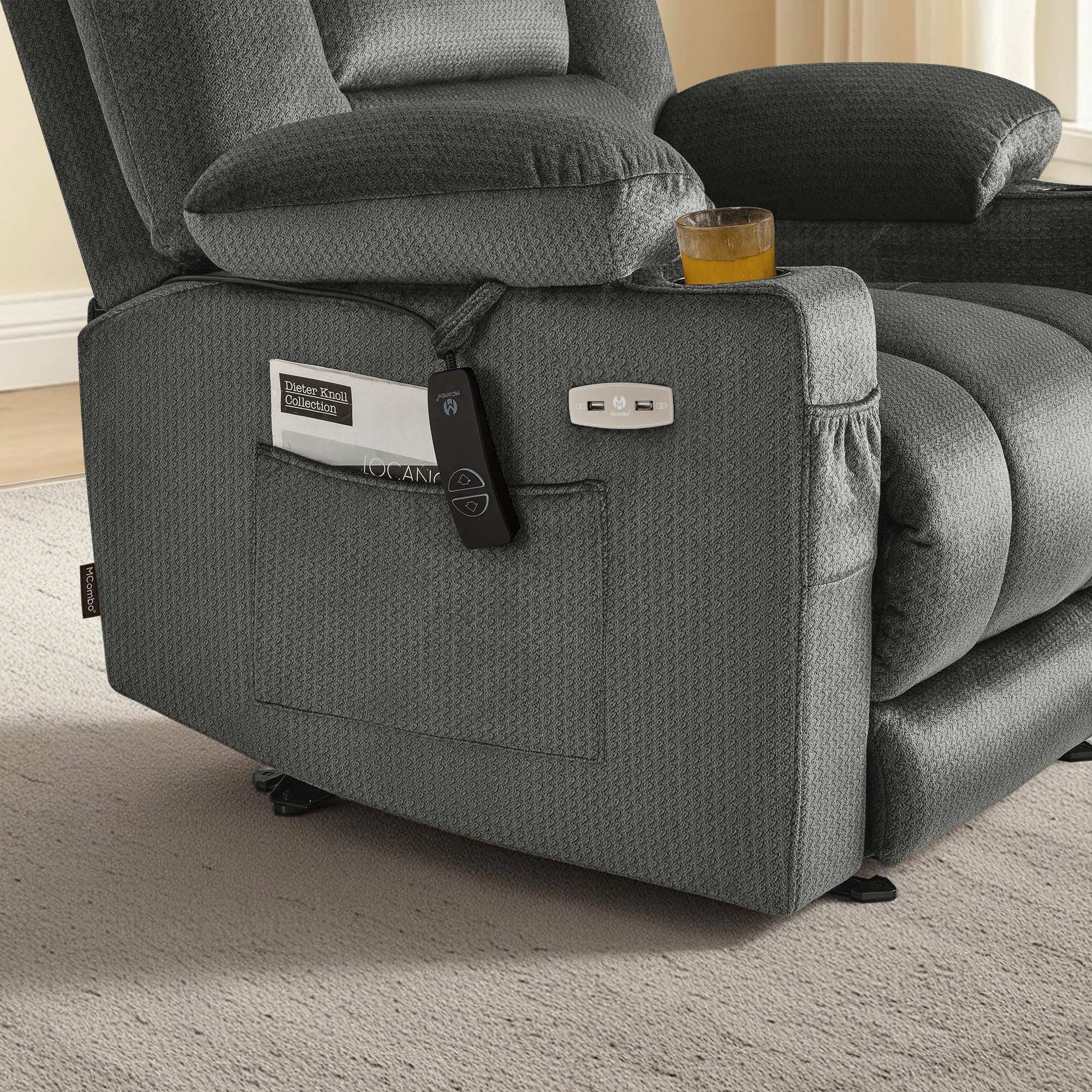 MCombo Electric Power Recliner Chair w/ Massage USB Cup Holders for Living Room Grey Fabric 6079