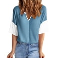 thumbnail image 2 of Oalirro Fashion 2025 Summer Tops for Women Half Sleeve Waffle Knit Shirts Casual V Neck Colorblock Patchwork Blouses, 2 of 9