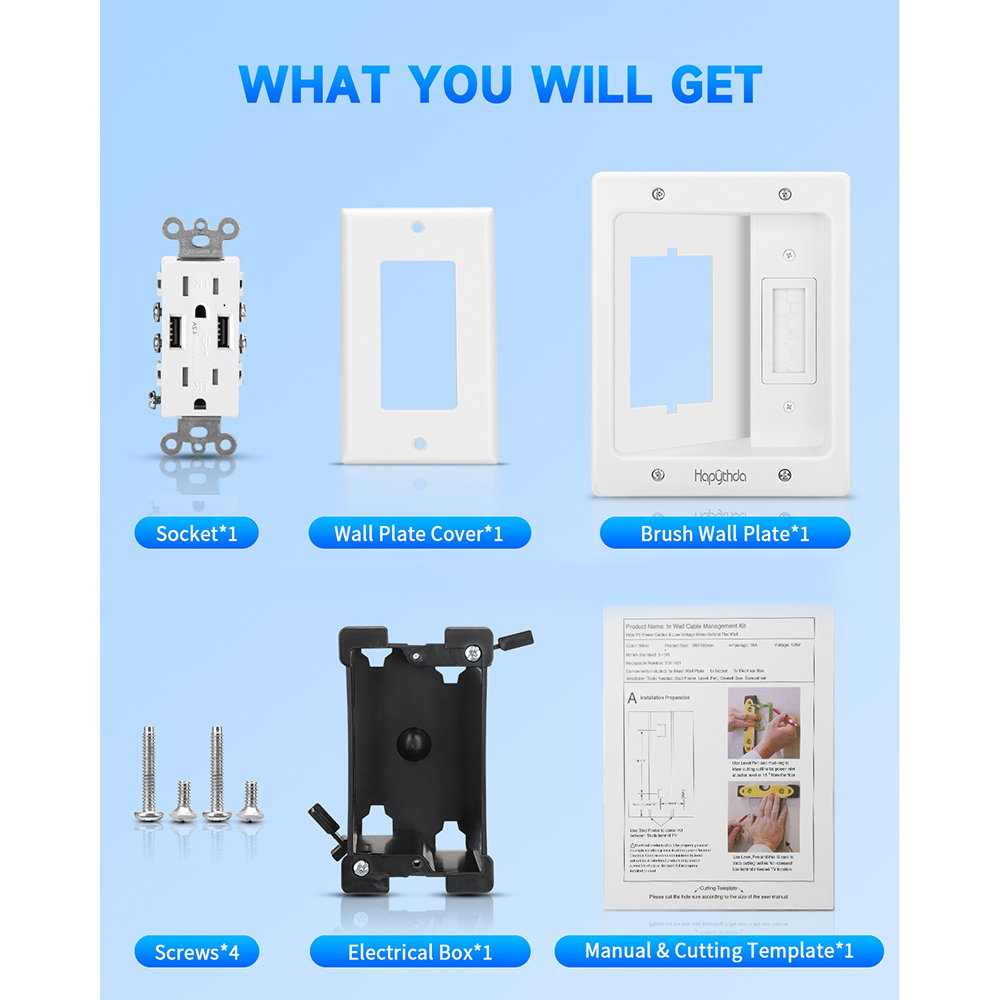 in Wall Cable Management Kit for TV, Recessed Outlet with 2 AC & 2 USB, TV Cable Hider Wall Kit, Wall Cable Management for Low Voltage, TV Cord Hider for Wall Mounted TV, White