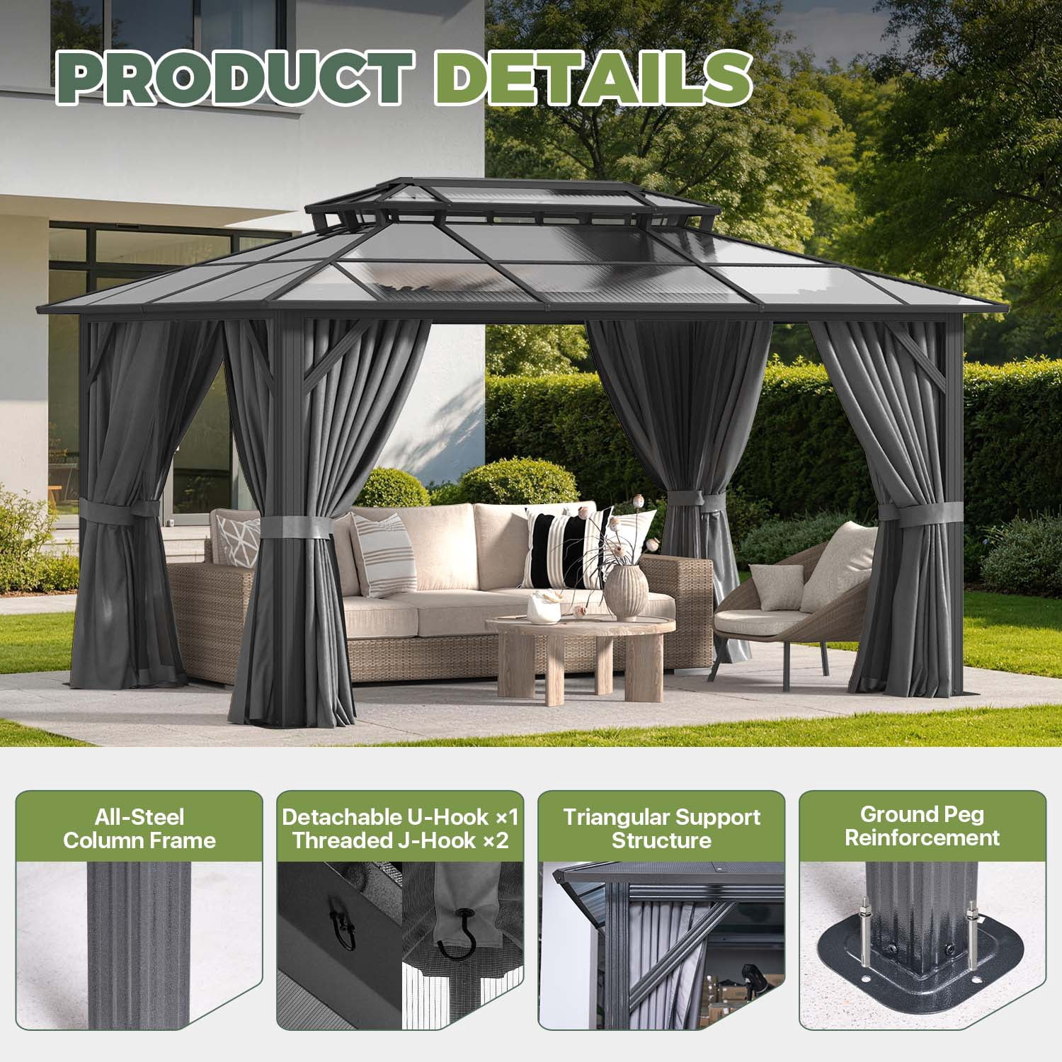 BaPiPro 14x10 FT Outdoor Gazebo, Double Roof Polycarbonate Hardtop, Iron Frame, Black & Gray, UV Protected, Weather Resistant, for Patio Backyard Deck Lawn