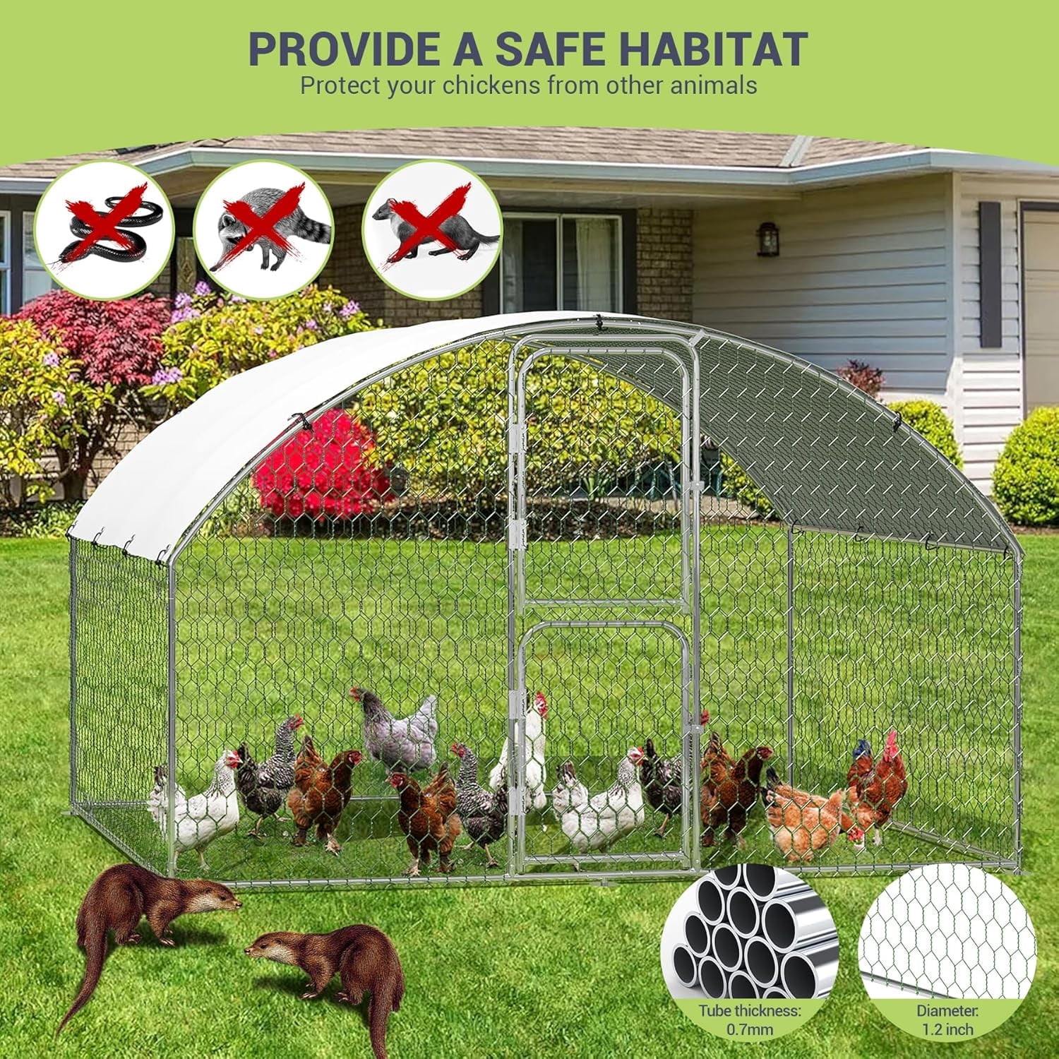 Lumiparty Metal Chicken Coop, Walking Poultry Cage Hen Run House Rabbits Habitat Cage Coops, with Waterproof and Anti-Ultraviolet Cover for Backyard Farm, Silver