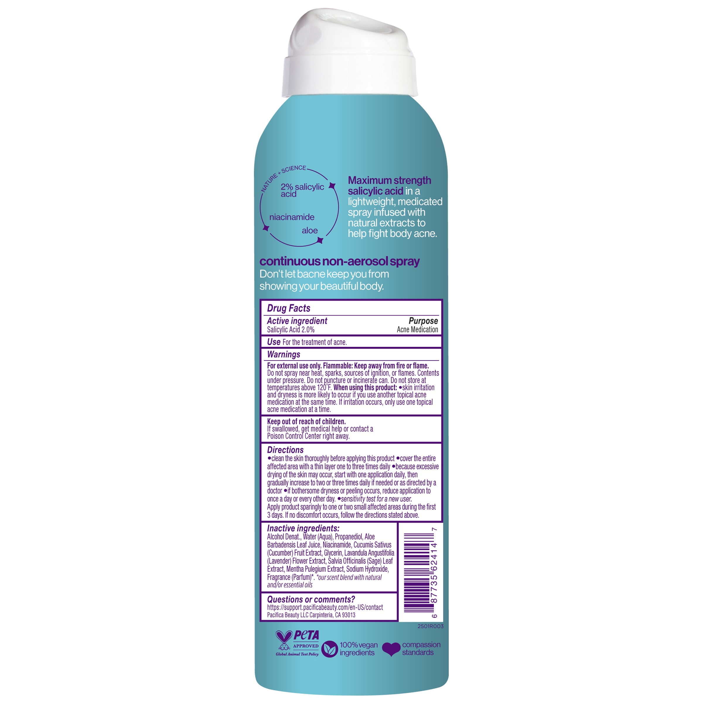 Pacifica Bacne Warrior 2% Salicylic Acid Acne Fighting Body Spray for Unisex, 6 fl oz