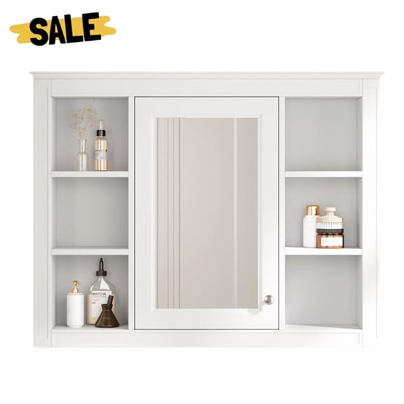 GZXS Wall-Mounted Bathroom Medicine Cabinet with Mirror, Adjustable Interior Shelf & 6 Open Compartments – 35" x 27.5" Storage Cabinet for Vanity, Bathroom, Bedroom (White)