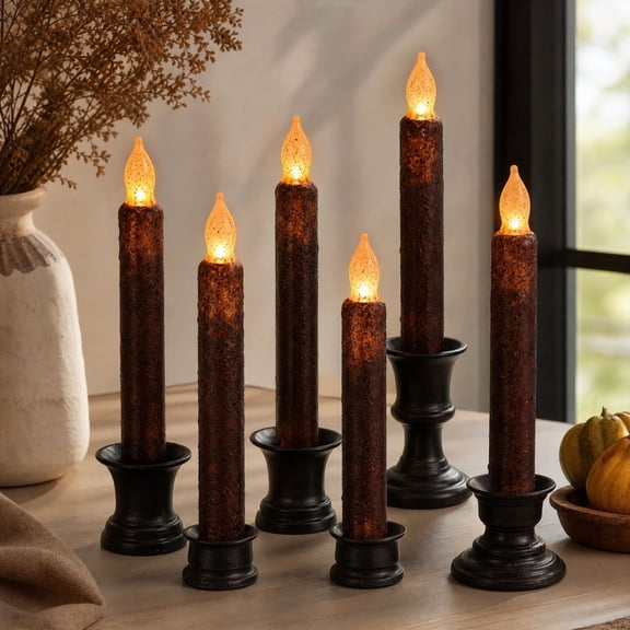 MYUNNIL 6 Pack Flameless Taper Candles, 6.6" Vintage Black Distressed Surface LED Long Pole Candle Light, Rustic Waterproof Fall Decoration for Halloween Home Decor