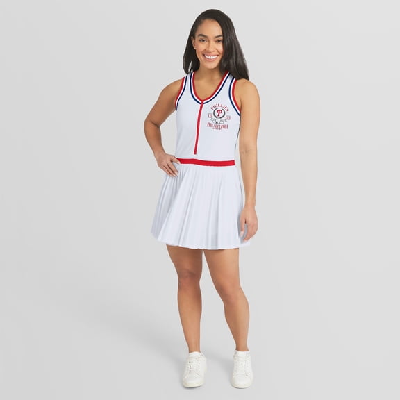Women's WEAR by Erin Andrews White Philadelphia Phillies Zip-Front Pleated Tri-Blend Scoop Neck Tank Dress