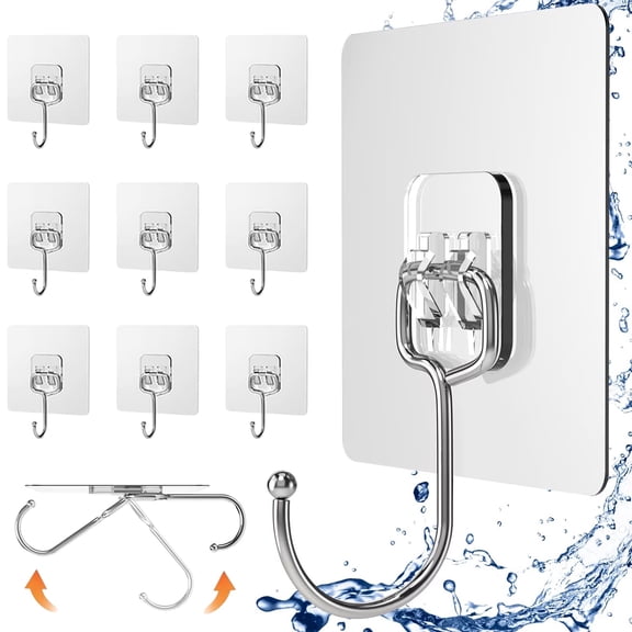 Large Adhesive Hooks, 10 Pack Wall Hooks for Hanging Heavy Duty 22Ib(Max), Clear and Removable Strong Sticky Hooks, Waterproof and Rustproof Multiple Uses for Bathroom