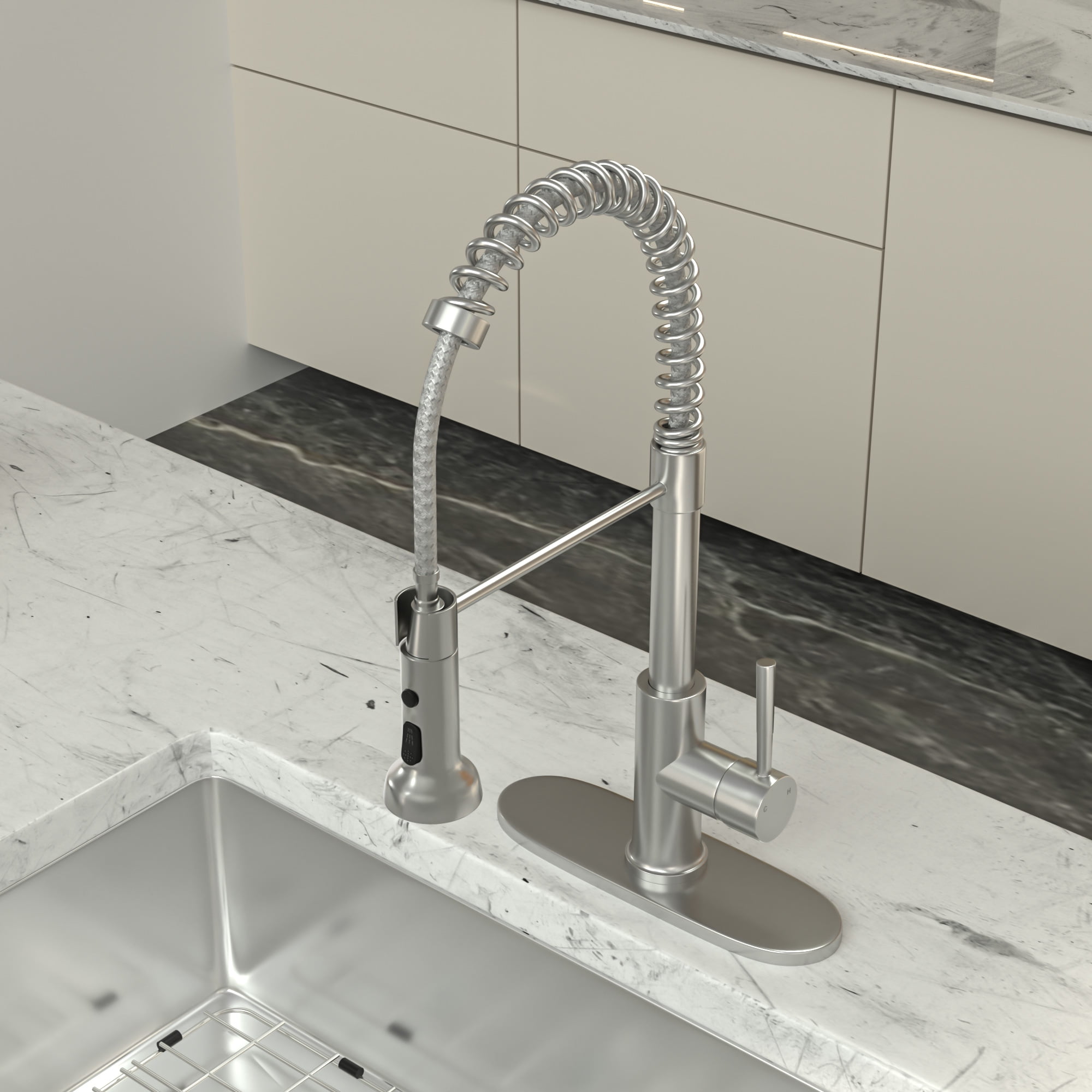 Logmey Put Down Kitchen Faucet High Arch 360° Rotation Single Handle Brushed Nickel Kitchen Sink Faucet with Deck