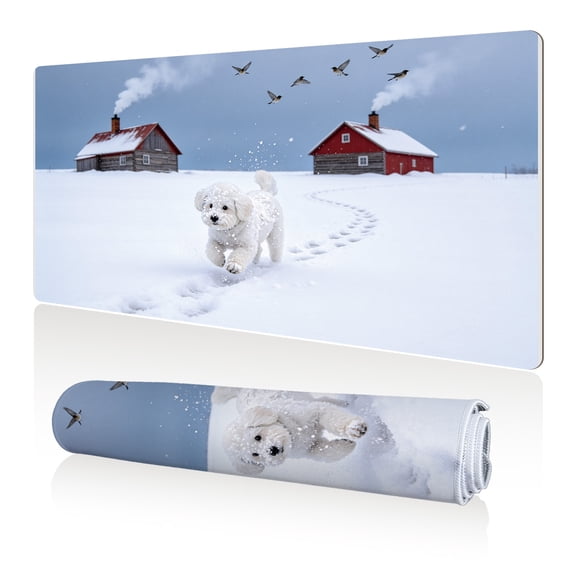LIVEKEY Mouse Pad 80x40x0.3cm Fluffy White Puppy Running in Snowy Village with Red Cabins and Birds Extra Large Full Desk Coverage Non Slip Durable Easy Clean Stitched Edges for Gaming and Office