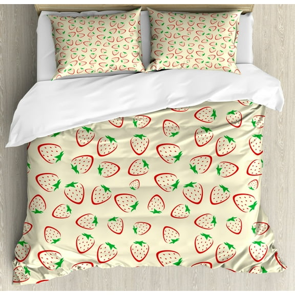 Strawberry Duvet Cover Set Queen Size, Repetitive Pattern of Summer Fruit Silhouettes with Dots and Leaves, Decorative 3 Piece Bedding Set with 2 Pillow Shams, Cream Vermilion Green, by Ambesonne
