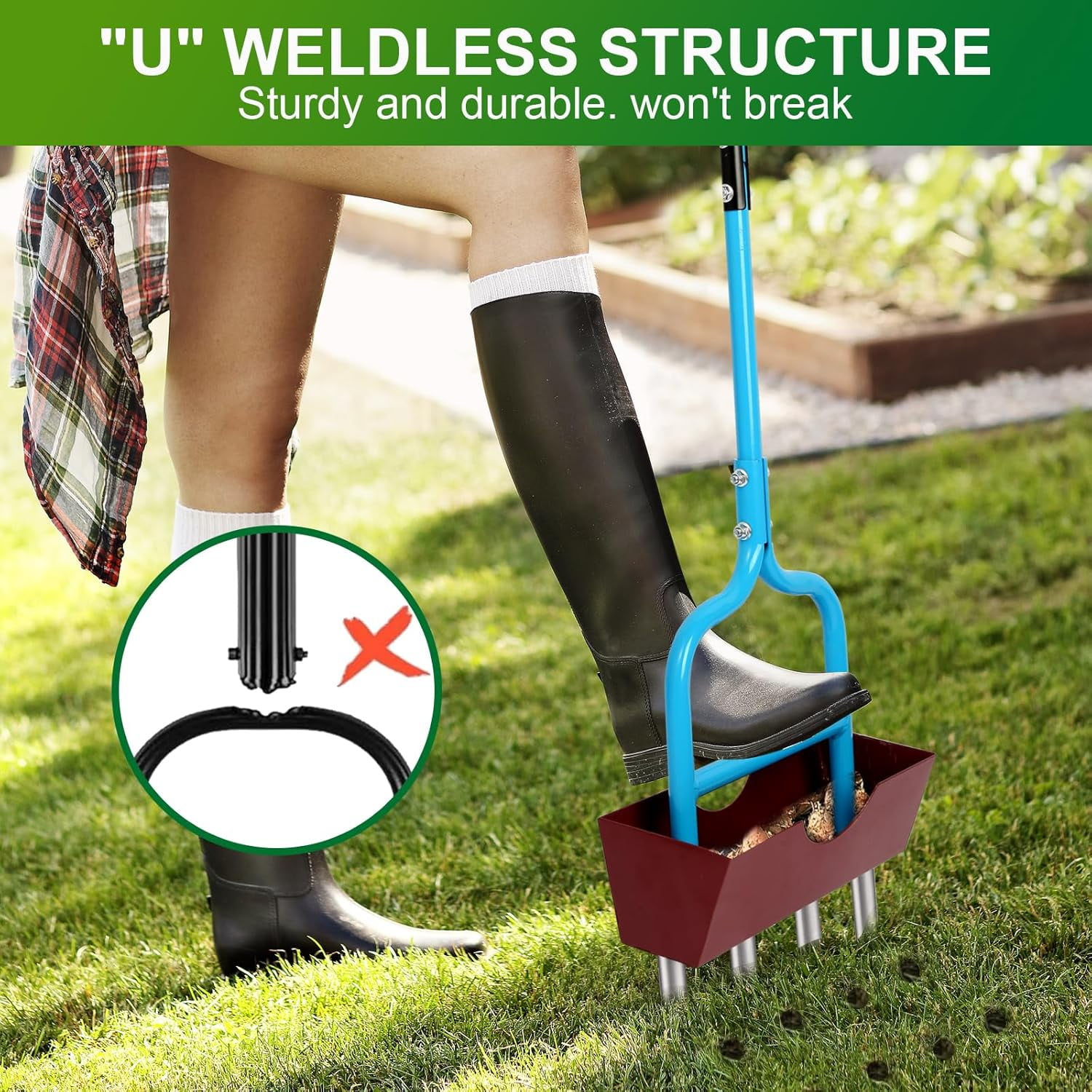Manual Rolling Lawn Aerator with 38" Width, Heavy Duty Coring Tines and Removable Soil Catcher Tray