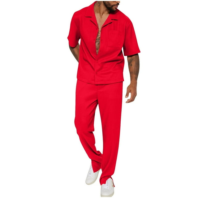 Blusa de Manga Corta Hombres de Moda Casual Sólido Turndown Top Blusas Traje Conjunto, Traje de Dos Piezas para Diario Y Casual