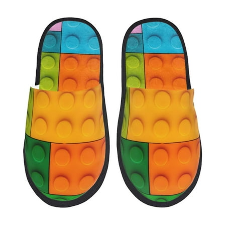Balery Colorful Building Blocks Slient Indoor Furry Fleece Comfort House Shoes Soft Non-Slip Home Shoes Cotton slippers House Slippers-- Large