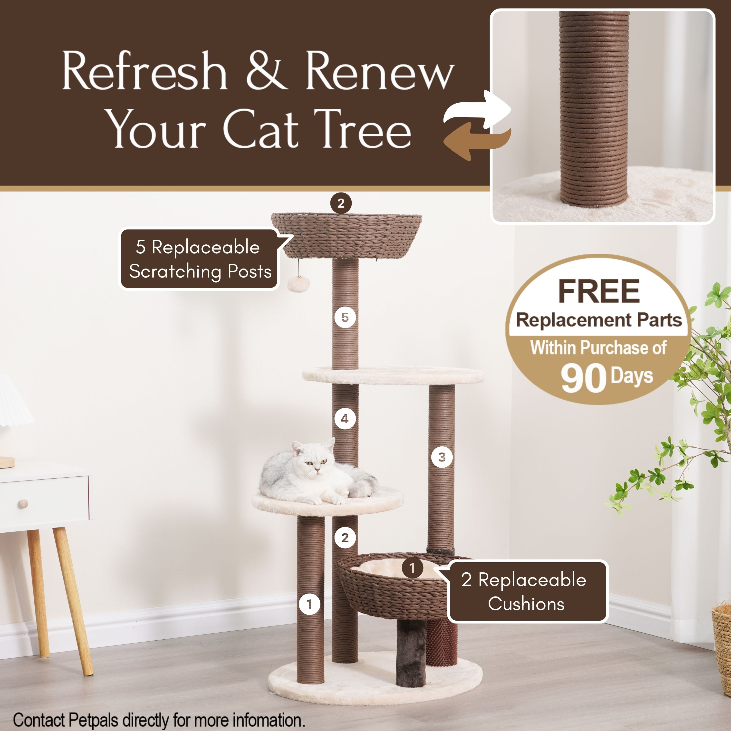 PetPals® 48"High 5-Lvl Large Cat Tree with Perches, Scratching Posts, Basket beds & Groomer, Beige